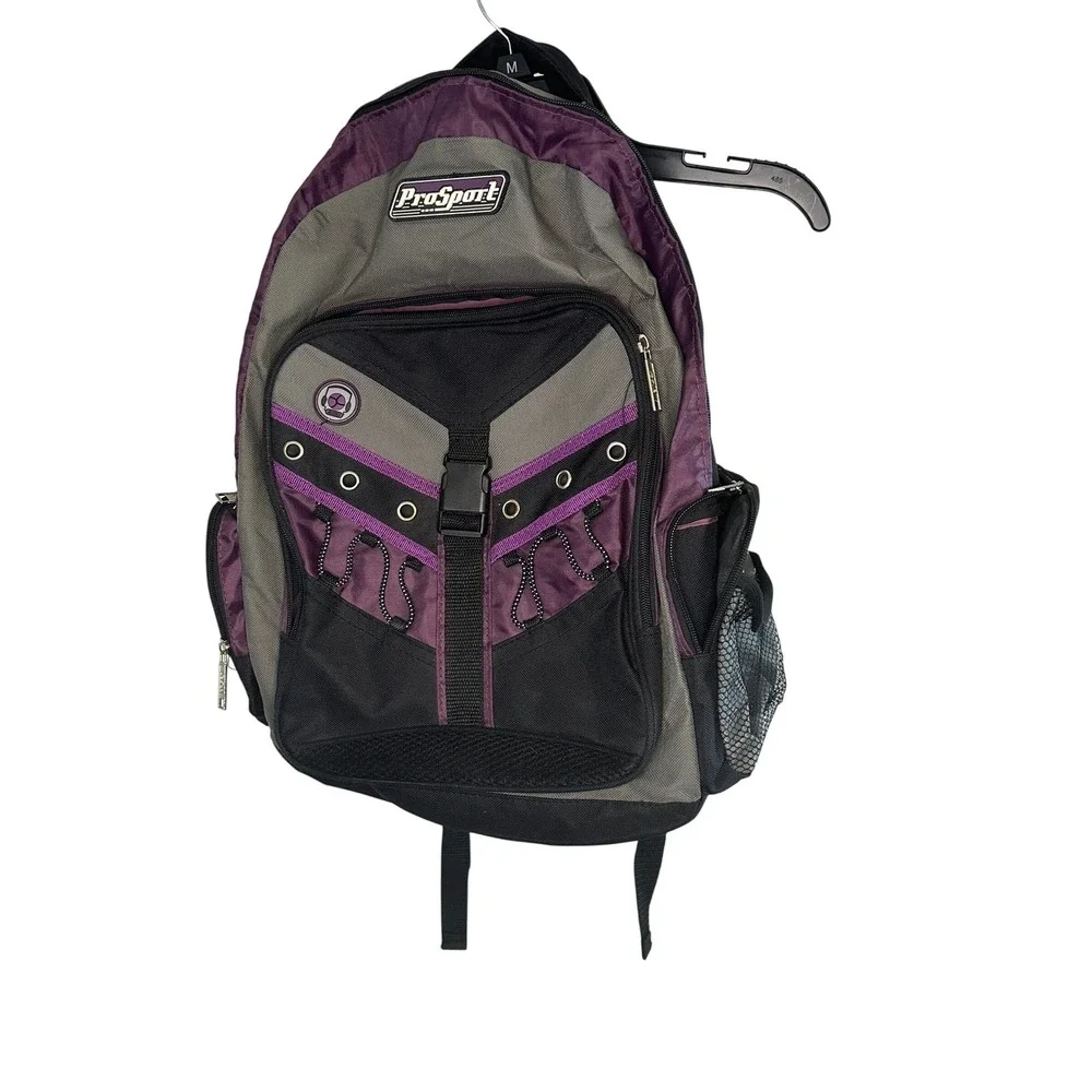 ProSport Backpack‎ Gray Purple Black Multi Pocket Sporty School Travel